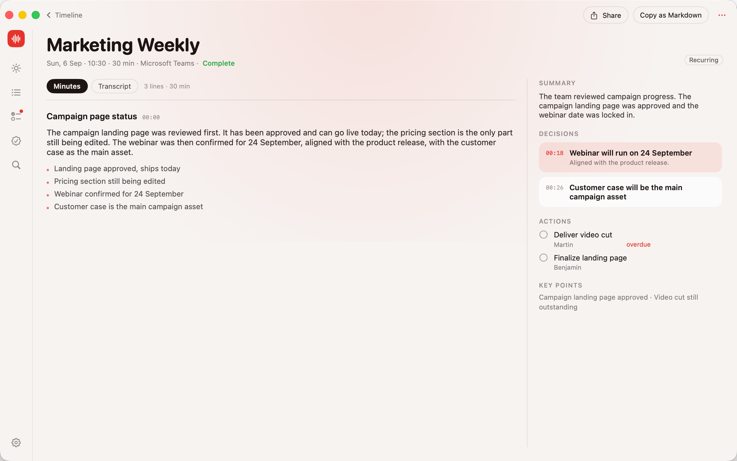 Sagt showing the minutes of a recorded meeting: per-topic notes, time-stamped decisions and action items with owners