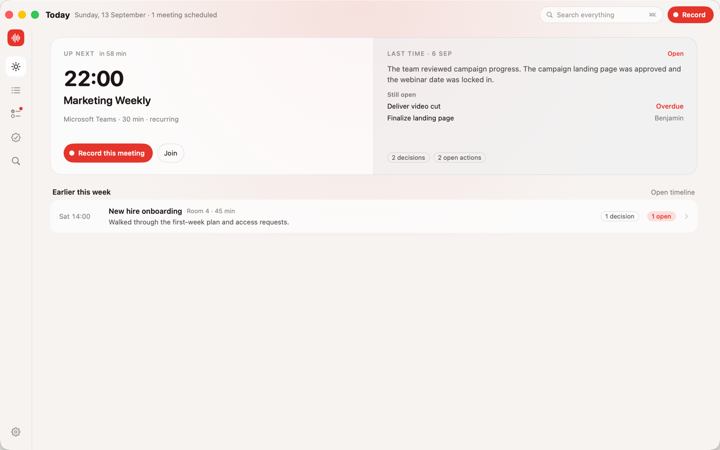 Sagt Today screen: the next meeting with last time’s minutes and open actions